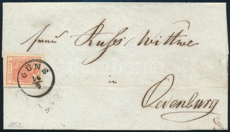 1852 3kr HP III. élénk színű bélyeg levélen 