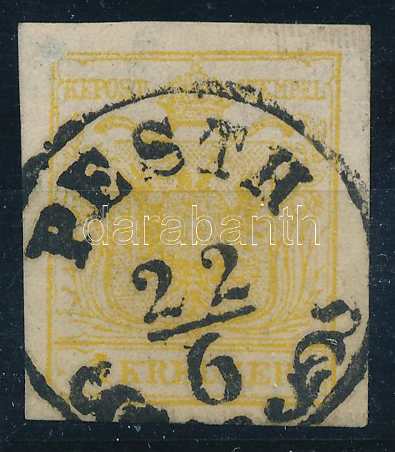 1850 1kr sárga, MP III., a bal felső saroknál lemezhiba 