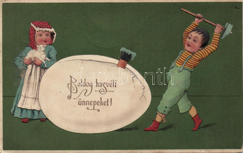 Easter, egg-breaker children Emb. Litho, Húsvét, tojástörő gyerekek Emb. litho