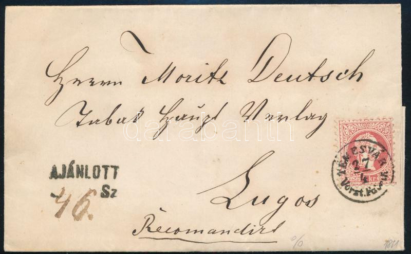 1871 3 x 5kr on registered cover (2 x 5kr torned) 