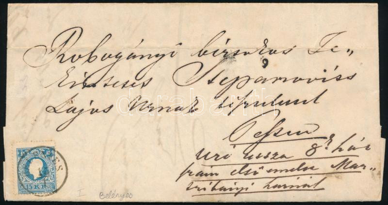 1860 15kr I. típus levélen / 15kr type I. on cover 