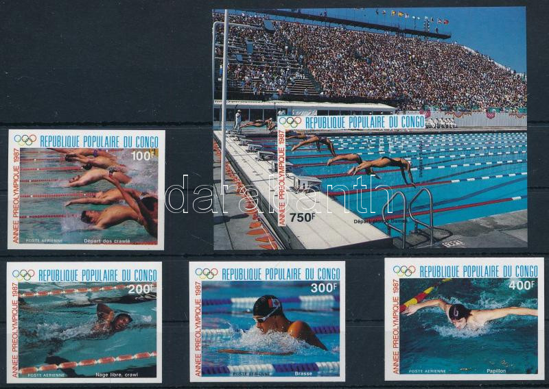 Olympic swimming imperforate set + block, Olimpia, úszás vágott sor + vágott blokk