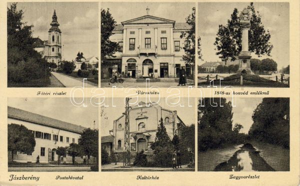 Jászberény, Főtér, városháza, 1848-as honvéd emlékmű, postahivatal, kultúrház, Zagyva