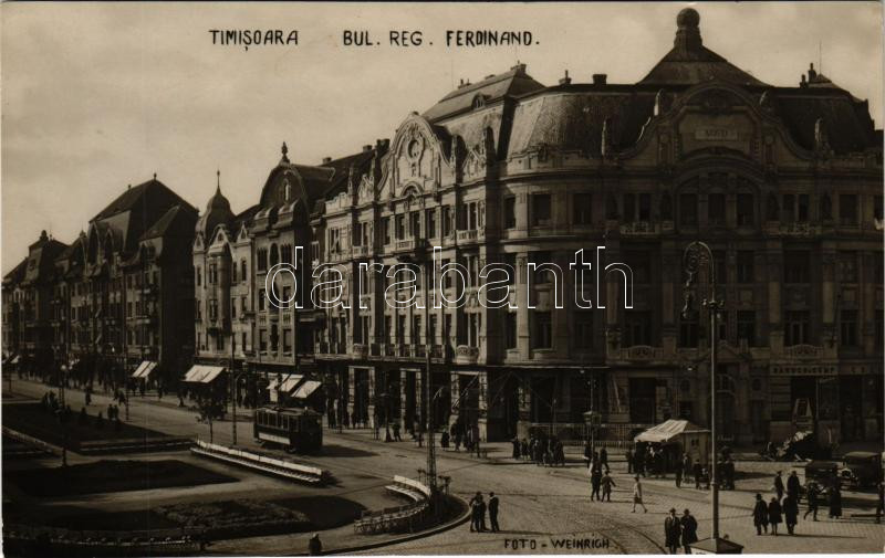 Temesvár, Timisoara; Bul. Reg. Ferdinand / Ferdinánd király útja, villamos, Lloyd palota, Baruch és Társa üzlete / street view, tram, palace, shops. Weinrich photo