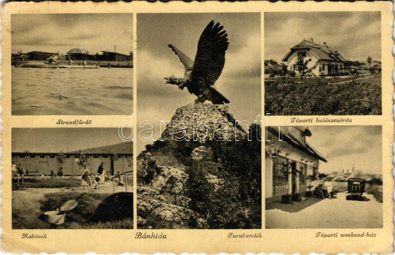 1941 Bánhida (Tatabánya), Strandfürdő, Tóparti halászcsárda, kabinok, Tóparti weekend-ház, Turul emlékmű