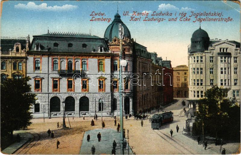Lviv, Lwów, Lemberg; Ul. Karola Ludwika i róg Jagiellonskiej / street and tram + 