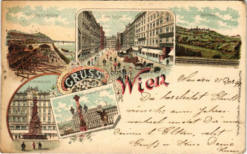 1899 (Vorläufer) Wien, Vienna, Bécs; Kahlenberg u. Leopoldsberg, Am Graben, Dreifaltigkeitssäule, Stefaniebrücke m. Hotel Metropole. Art Nouveau, floral, litho