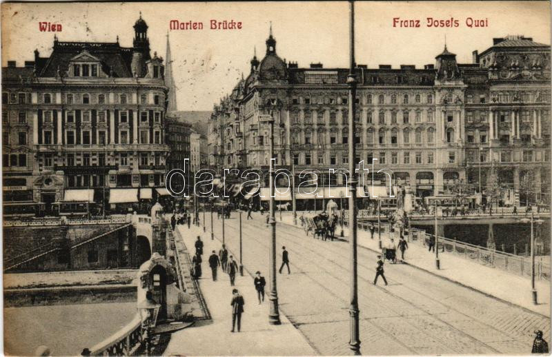 1912 Wien, Vienna, Bécs; Marien Brücke, Franz Josefs Quai / bridge, tram