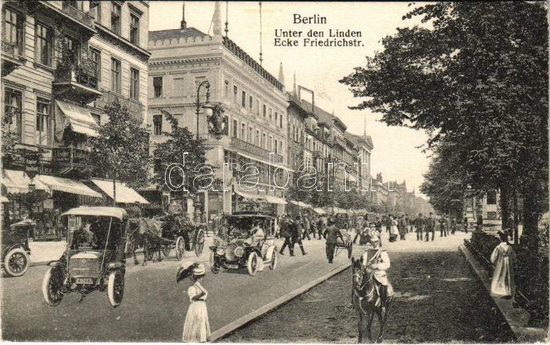 Berlin, Unter den Linden Ecke Friedrichstrasse / street view, Victoria café, Ludwig Fischer shop. Montage with automobiles