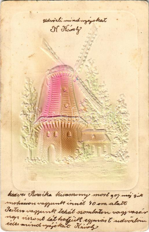 Windmill greeting card, Emb., 1907 Szélmalom, Emb.