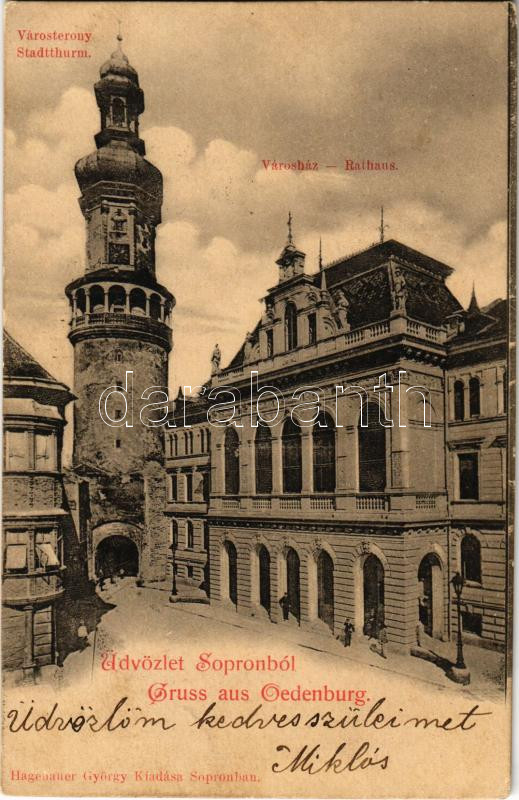 1902 Sopron, Várostorony és Városháza. Hagenauer György kiadása