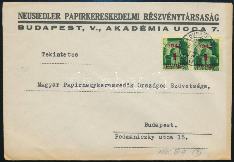 Local cover with 2x 1P/1P franking, (2. díjszabás) Helyi levél 2x Kisegítő (I.) 1P/1P bérmentesítéssel