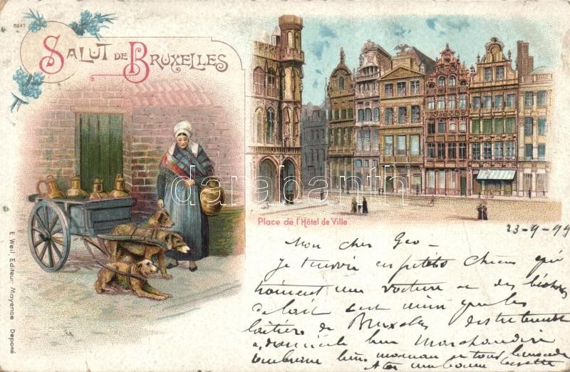 1899 Brussels, Bruxelles; town hall, folkwear, dog cart, litho