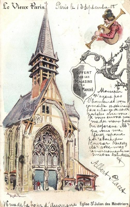 Paris, Eglise St Julien des Menetriers / church litho s: Robida