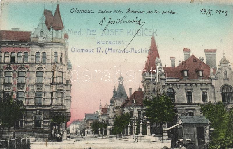 Olomouc, Olmütz; Sadova trida / avenue, with advertisment cancellation of Dr. Josef Kubicek