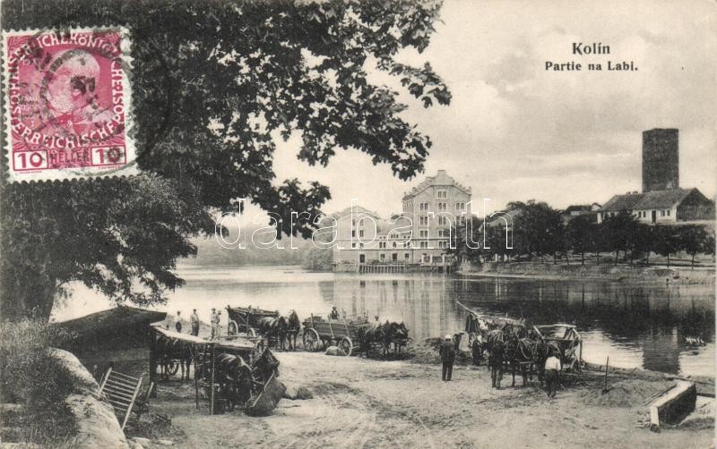 Kolín, Partie na Labi / riverside, horse carriage, TCV card