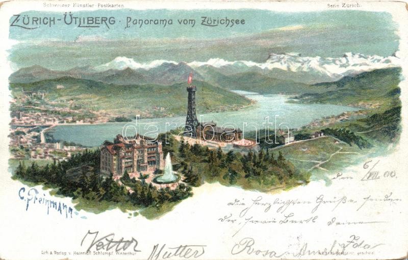 Zürich-Ütliberg, Panorama vom Zürichsee / general view with tower, litho, s: C. Steinmann