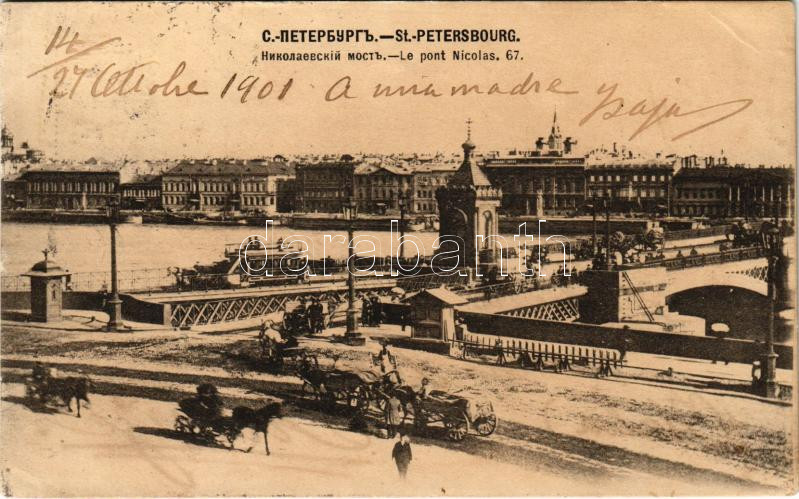 1901 Saint Petersburg, St. Petersbourg, Leningrad, Petrograd; Le pont Nicolas / bridge, horses-drawn tram (wet damage)