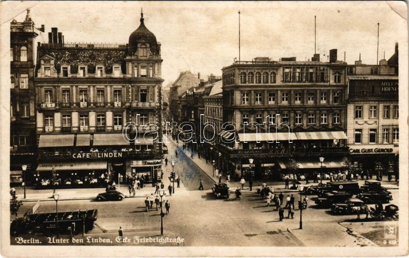 1944 Berlin, Unter den Linden, Ecke Friedrichstraße / street view, Café Linden, Konditorei Krauzler restaurant, automobiles