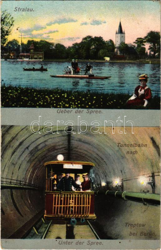 1909 Berlin, Stralau, Über der Spree, Unter der Spree, Tunnelbahn nach Treptow bei Berlin / underground railway, train