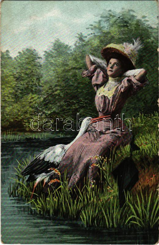 1909 Lady art postcard with stork, 1909 Hölgy művészlap gólyával.