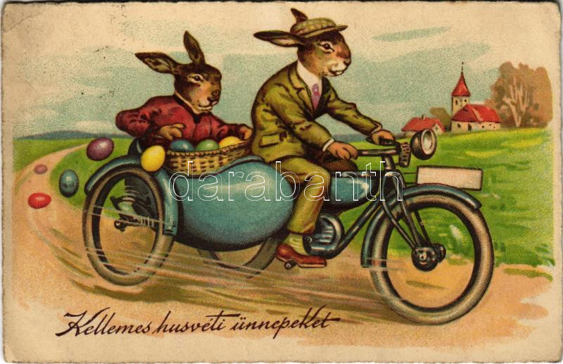 1932 Easter greeting art postcard with rabbits, motorcycle with sidecar and eggs, 1932 Kellemes húsvéti ünnepeket