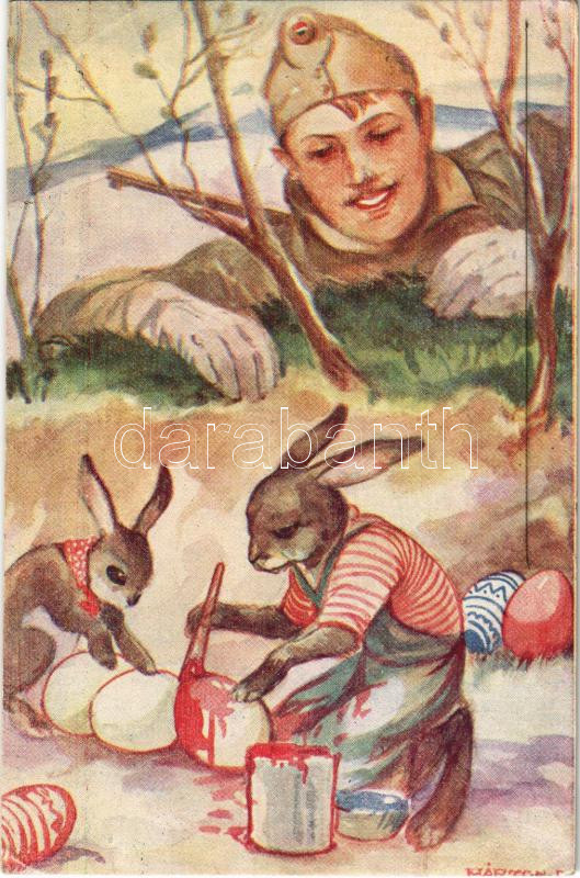 WWII Hungarian military art postcard with Easter greetings, soldier with rabbits and eggs s: Márton L., Húsvéti üdvözlet. Márton L.-féle Cserkészlevelezőlapok Kiadóhivatala s: Márton L.