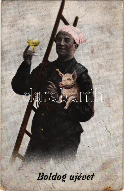 1923 Boldog Újévet (kopott sarkak), New Year greeting art postcard with chimney sweeper and pig (worn corners)