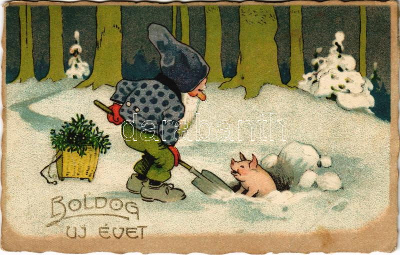 1924 New Year greeting art postcard with dwarf and pig in the snow. HWB Ser. 2215., 1924 Boldog Újévet HWB Ser. 2215.