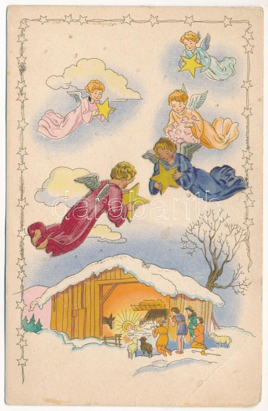 Christmas greeting art postcard with angels, Karácsonyi üdvözlőlap.