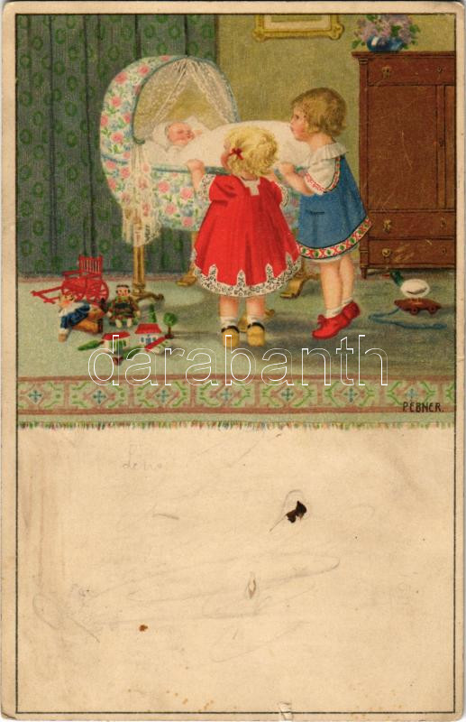 Children art postcard with baby. M. Munk Wien s: P. Ebner (tear), Gyerek művészlap kisbabával M. Munk Wien s: P. Ebner (szakadás)