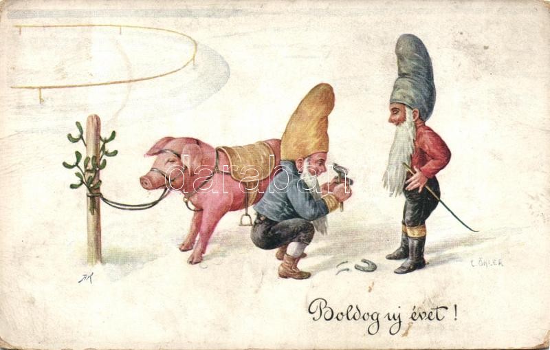 New Year, dwarfs, B.K.W.I. 2906-1. s: C. Öhler, Újév, B.K.W.I. 2906-1. s: C. Öhler