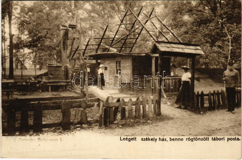 1917 WWI Austro-Hungarian K.u.K. military exhibition, burnt down Székely house with improvised field post office + So. Stpl., 1917 Leégett székely ház, benne rögtönzött tábori posta. Tervezte Medgyaszay. József főherceg vezérezredes erdélyi hadikiállítása, So. Stpl.