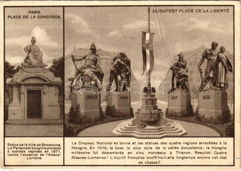 Paris, Place de la Concorde - Budapest, Place de la Liberté; Hungarian irredenta propaganda, Trianon map on the backside, Concorde tér Párizsban és a Szabadság tér Budapesten. Trianon irredenta szoborcsoport, Országzászló. Magyar Földrajzi Intézet rt. nyomása