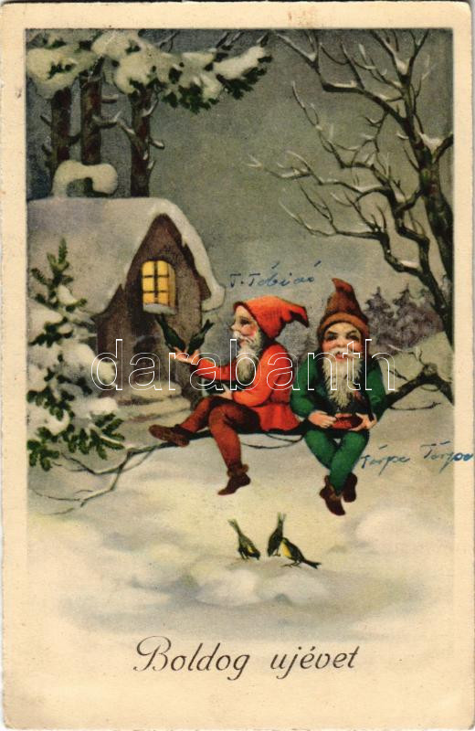 New Year greeting art postcard with dwarves, Boldog Újévet