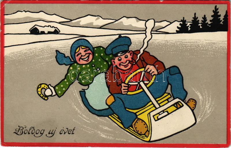 New Year greeting art postcard with sled, winter sport, Boldog Újévet