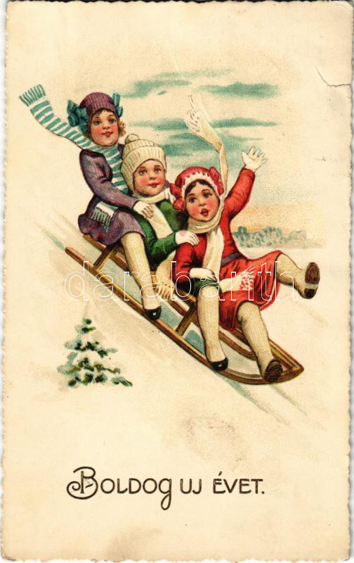 New Year greeting art postcard with sled, winter sport, 1923 Boldog Újévet