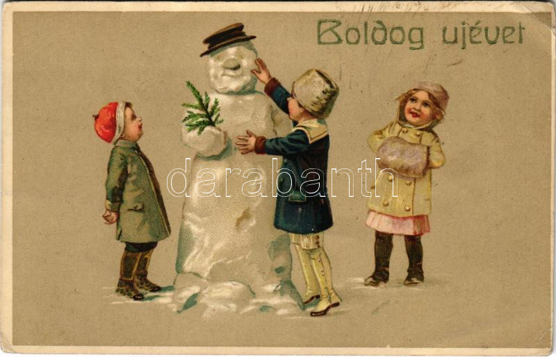 New Year greeting art postcard with snowman, Boldog Újévet