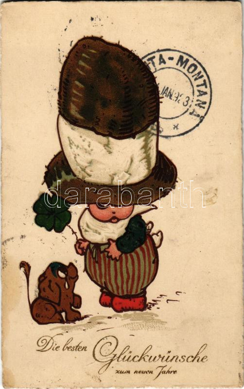 1923 Die besten Glückwünsche zum neuen Jahre / New Year greeting art postcard with clover and dog, 1923 Újévi köszöntőlap.