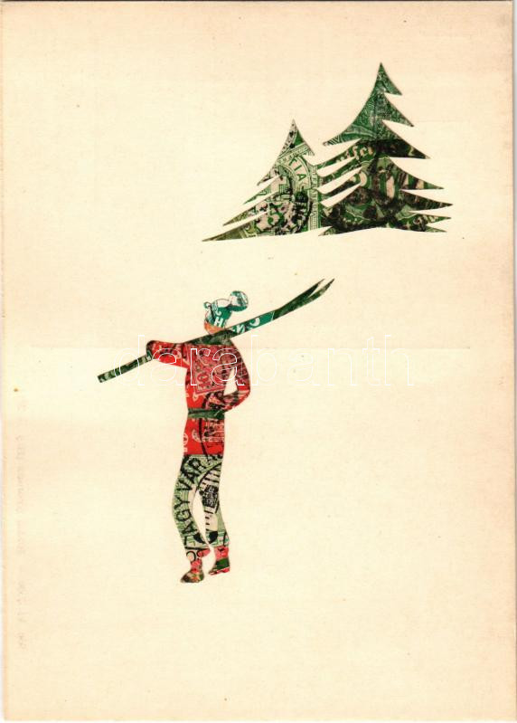 skiing, winter sport. Made out of stamps, Síelő. Bélyegekből kivágott és összeragasztott képeslap. Budai nyomda