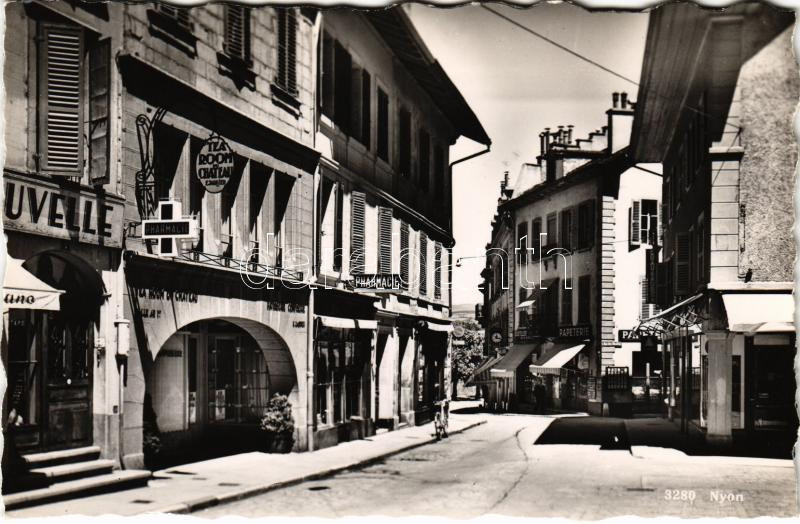 Nyon, street view, pharmacy, tea room, shops