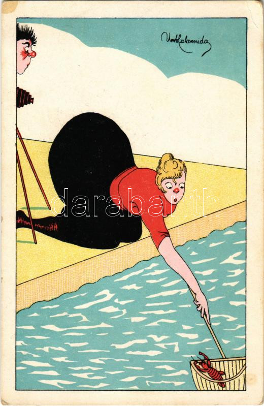 Erotic humour art postcard, photographer with lady and lobster. M. N. & C. Milano No. 6576. artist signed, Erotikus humoros művészi képeslap. M. N. & C. Milano No. 6576. artist signed