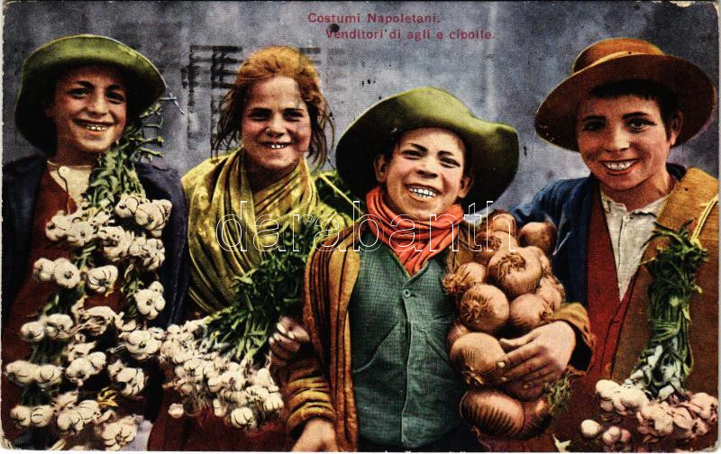 1924 Costumi Napoletani, Venditori di agli e cipolle / Italian folklore from Napoli, garlic and onion sellers, 1924 Napoli fokhagyma és hagyma árusok, olasz folklór