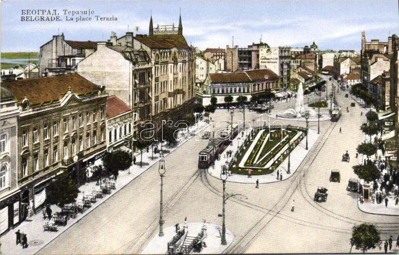Belgrade, La place Terazia / square, tram, automobiles
