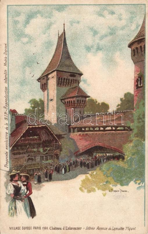 Paris 1900 Exposition Village Suisse, Chateau d'Estavazer / Exhibition Swiss Village, Estavazer castle litho s: L. Trinquier Trianon