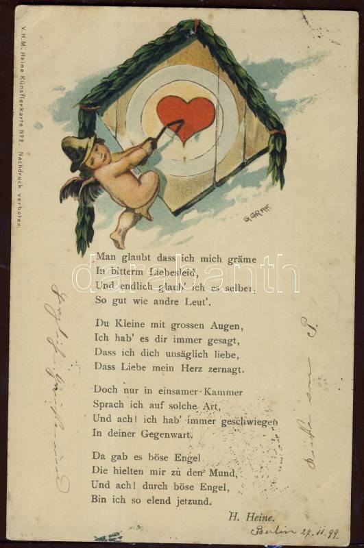 1899 Cupid with dartboard, Heinrich Heine poem litho s: G. Graf, 1899 Kupidó céltáblával, Heinrich Heine verse litho s: G. Graf