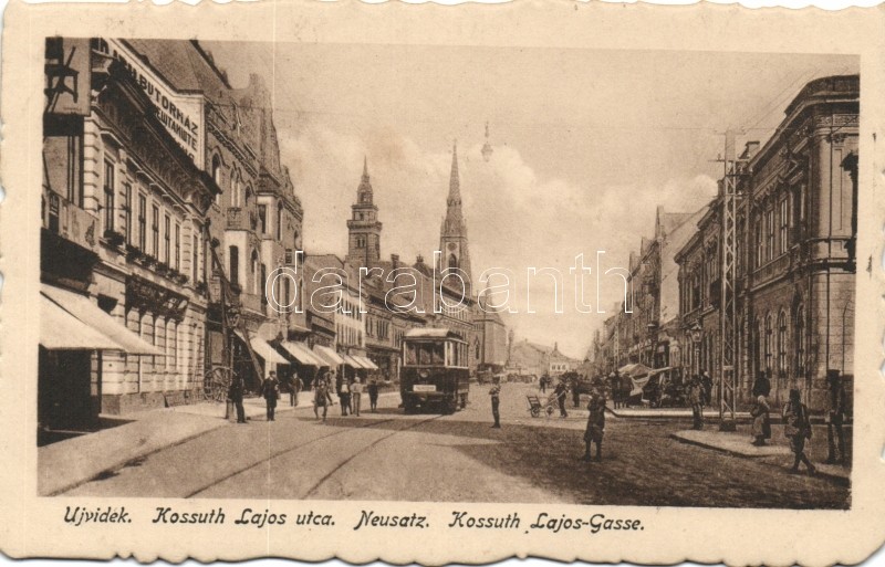 Újvidék, Kossuth Lajos utca, bútorház, villamos, Novi Sad, street, furniture shop, tram