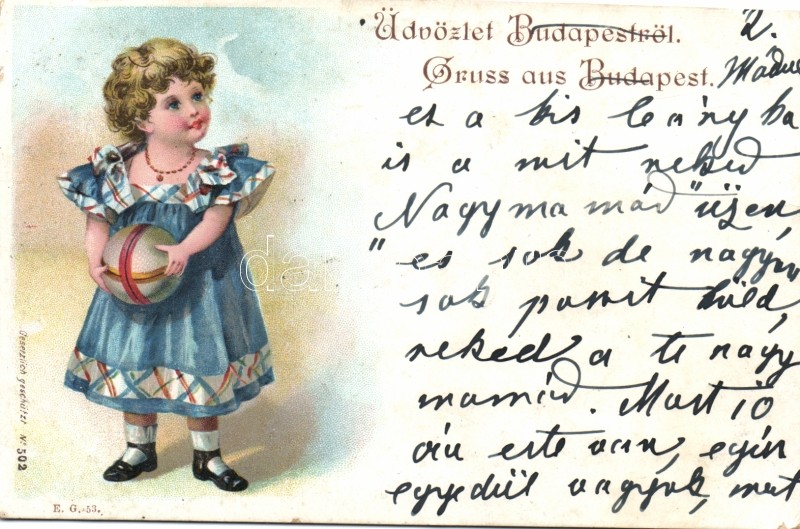 1899 Little girl with ball litho, 1899 Kislány labdával litho