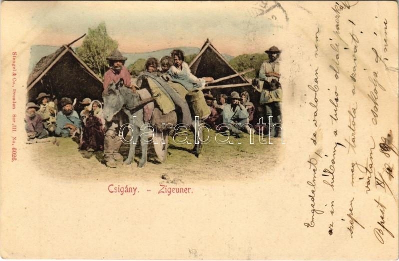 1899 Cigányok málhás szamárral (szakadás), 1899 (Vorläufer) Zigeuner / Gypsy folklore with donkey (tear)