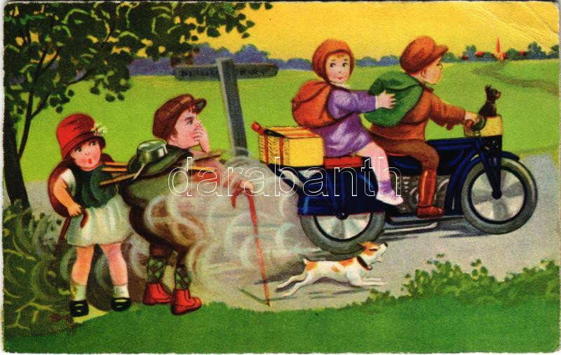 Humoros gyermek művészi képeslap., Children art postcard with motorcycle, humour